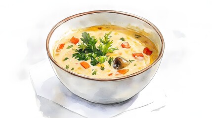 Creamy soup illustration in a bowl, presented artistically.