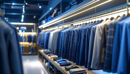 Fototapeta premium Jackets and shirts lined up on shelves in a well-lit Tongchang store