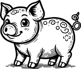 Cute Pig With coloring book pages picture,Pig line art,Pig outline drawing vector illustration,vector art