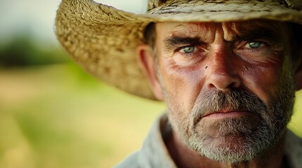 Fototapeta premium Farmer's Face with Sunburn: Portrait of a farmer's face, sunburned and weathered, with a straw hat and a field in the background. 