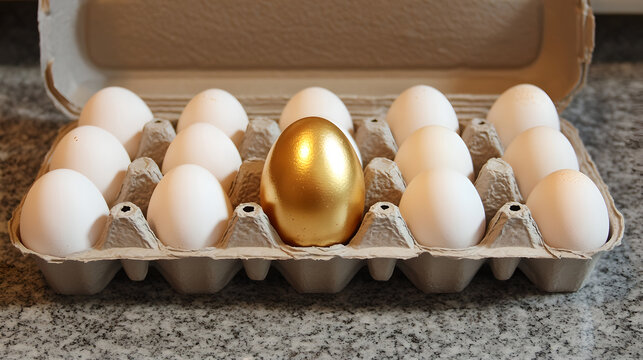 Single golden egg stands out in a carton of white, a symbol of rarity and value