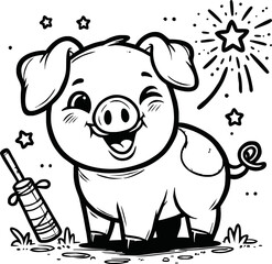 Cute Pig With coloring book pages picture,Pig line art,Pig outline drawing vector illustration,vector art
