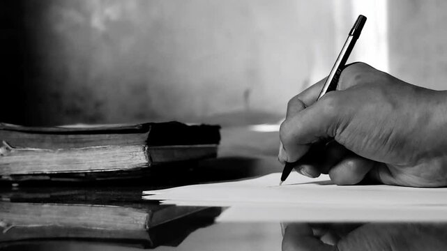 Hand Holding Pen Writing on paper with low light