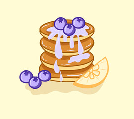 Seamless hand drawn pancake with blueberry sauce, lemon and blueberry. For wallpaper background