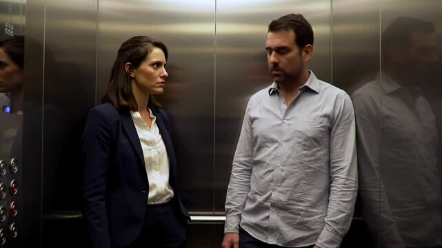 Two individuals stand silently in a crowded elevator, their expressions revealing discomfort. The atmosphere is thick with tension as they avoid eye contact.