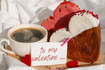 Valentine's Day TO MY VALENTINE wishes saying caption on greeting card Coffee breakfast in rumpled...