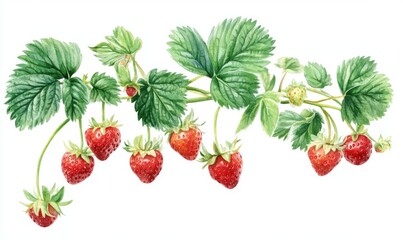 Watercolor illustration of a strawberry vine with ripe berries and green leaves.  Detailed botanical drawing of fresh strawberries hanging from vines