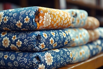 Fototapeta premium Stacked rolls of floral patterned fabric in blue, orange, and light blue hues