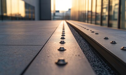 Modern architectural detail, close-up view of a paved walkway with metal strips and rivets, bathed in golden sunlight, leading to a modern glass building