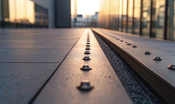 Modern architectural detail, close-up view of a paved walkway with metal strips and rivets, bathed in golden sunlight, leading to a modern glass building