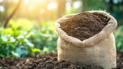 Obraz premium A burlap sack full of rich dark soil sits on the ground in a garden setting, bathed in sunlight. Represents growth, agriculture, and nature.
