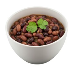 Fototapeta premium Cooked mixed beans in white ceramic bowl, hearty bean soup with fresh cilantro garnish, protein rich legumes on white background