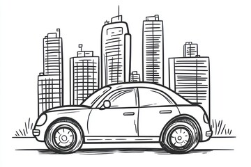 Simple sketch of a car parked in front of tall city buildings