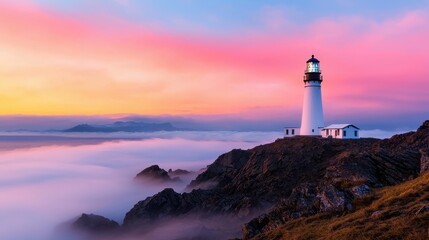 Majestic Lighthouse on Rocky Coast Against Colorful Sunset Sky