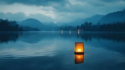 Peaceful lantern on serene lake at dusk