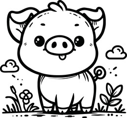 Cute Pig With coloring book pages picture,Pig line art,Pig outline drawing vector illustration,vector art
