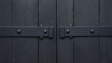 Fototapeta premium A close-up of dark wooden doors with metal braces and bolts, featuring a rustic, textured appearance.