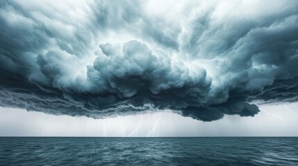 Fototapeta premium Dramatic Storm Clouds Over Dark Ocean Waters with Lightning Strikes
