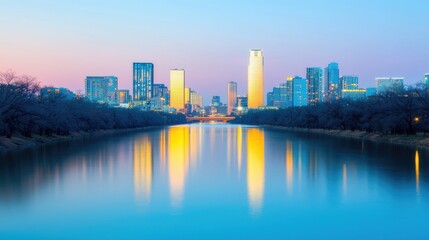 Obraz premium Scenic City Skyline Reflection at Dusk over Calm River Waters