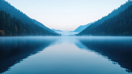 Serene Morning Mist Over Calm Lake Surrounded by Mountain Range