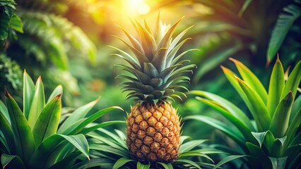 Obraz premium A single ripe pineapple surrounded by lush vibrant tropical foliage bathed in sunlight