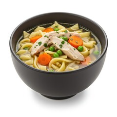 Chicken noodle soup in bowl close up on white background
