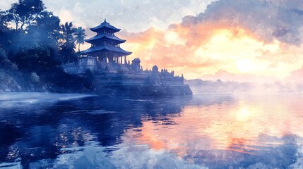 Fototapeta premium Peaceful Asian temple at sunrise reflected in water.