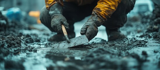 Worker excavating mud, urban site, background blur, construction
