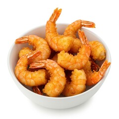 Fried shrimps served in bowl on white background