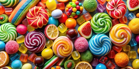 Fototapeta premium A vibrant collection of assorted sweets, including colorful lollipops, gumdrops, jelly candies, and citrus-flavored delights, arranged on a striped surface.
