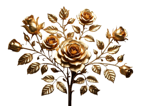 Golden Metallic Roses: Intricate Floral Sculpture with Symmetrical Arrangement, Shiny Brass Finish, Detailed Leaf Work, Ornate Wall Decor, Vintage-Inspired, PNG file isolated on transparent background