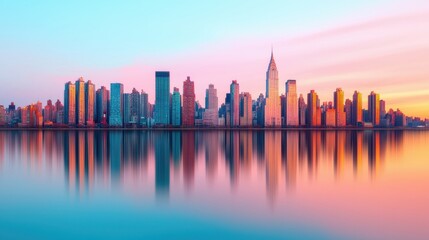 Fototapeta premium Vibrant City Skyline at Dusk with Reflections on Calm Water