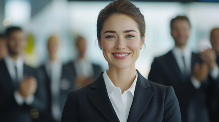 Female executives and coworkers applaud in unison to welcome new employees