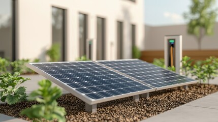 Fototapeta premium Solar Panels Installed in Modern Eco-friendly Residential Garden