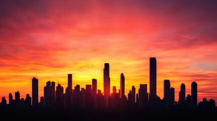 Fototapeta premium Stunning Silhouette of Urban Skyline Against Vibrant Sunset Sky