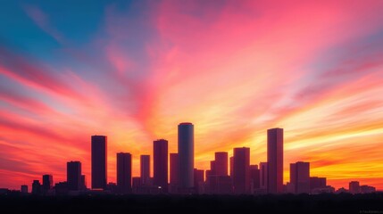 Fototapeta premium Vibrant Sunset Over City Skyline with Colorful Atmospheric Clouds