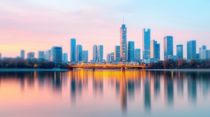 Obraz premium Serene Cityscape at Dusk with Reflections in Calm Water