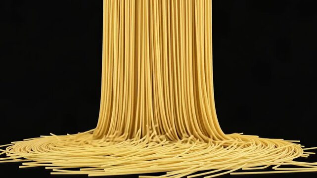 A standing bundle of uncooked spaghetti noodles creates a striking texture against a black background, ready to be transformed into an Italian feast.