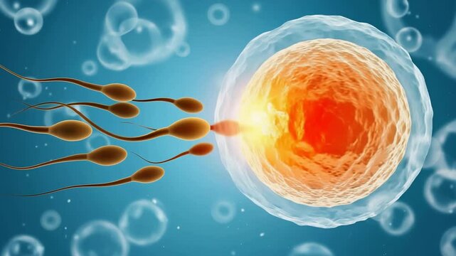 A scientific illustration depicting the moment of fertilization, as multiple sperm cells converge on a central ovum, symbolizing the beginning of life and the biological imperative of reproduction.