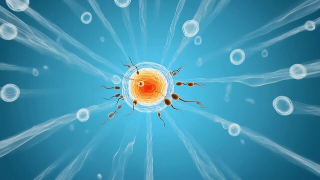 A scientific illustration depicting the moment of fertilization, as multiple sperm cells converge on a central ovum, symbolizing the beginning of life and the biological imperative of reproduction.