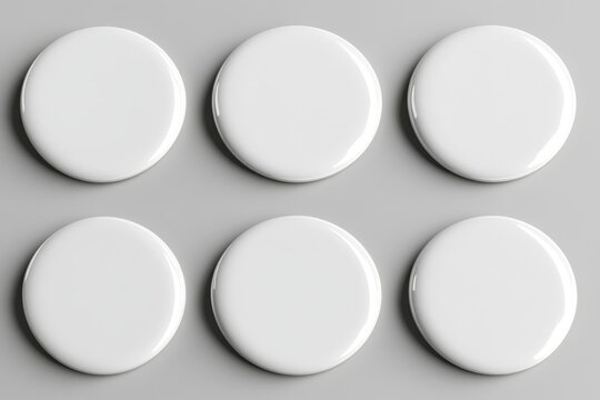 Six blank white round badges on a gray surface