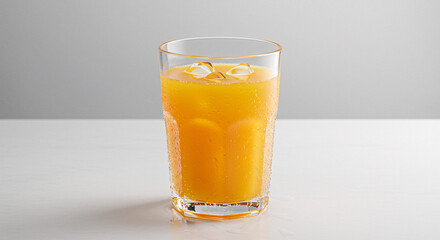 A glass of orange juice with ice cubes on a white surface against a gray background in a studio shot