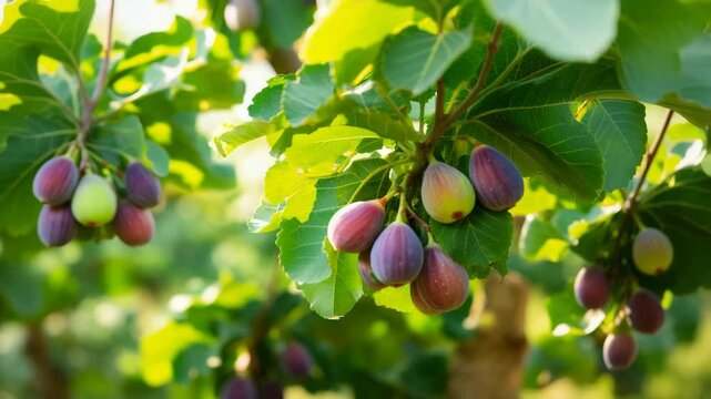 Ripe figs hanging from a lush green fig tree in sunlight.