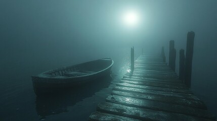 Foggy Lake, Old Boat, Wooden Dock