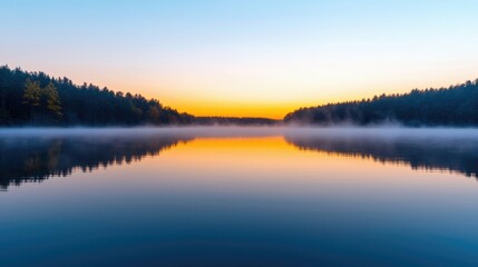 Fototapeta premium Serene Twilight Reflection on Calm Lake Surrounded by Forest