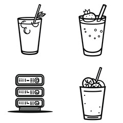 Line art, four icons with beverages, server, glasses, and straw, in black color