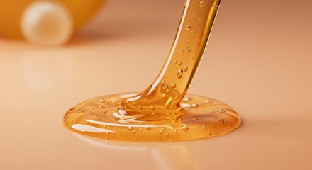 Macro Viscous Honey Infused Aloe Vera Gel Drop with Suspended Air Bubbles Sliding Across Pastel Peach Surface Captured with 100mm Lens