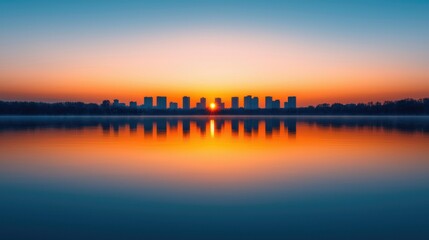 Sunset Reflection Over Calm Water with Urban Skyline Silhouette