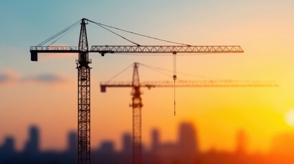 Construction Cranes Silhouetted Against Orange Sunset Sky