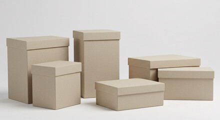 A collection of beige boxes of varying sizes arranged on a white surface in a studio setting